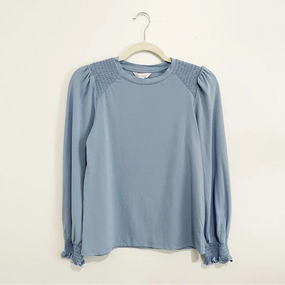 LC Lauren Conrad Smocked Long Sleeve Top Jersey Blouse Blue Ruffle Sleeve Sz XS - Picture 2 of 6